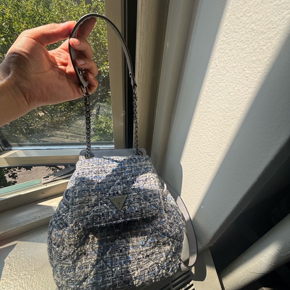 Guess Blue and Gray Tweed Shoulder Bag